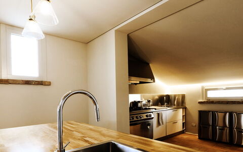 Villa Dedalo: Kitchen, Countertop, Interior Design, Wood, Ceiling, Light Fixture, Flooring, Kitchen Appliance, Lighting, Kitchen Sink