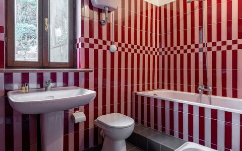 Podere le Lune with Pool, San Gimignano: Red, Plumbing Fixture, Bathroom, Flooring, Interior Design, Floor, Tap, Plumbing, Bathroom Sink, Tile