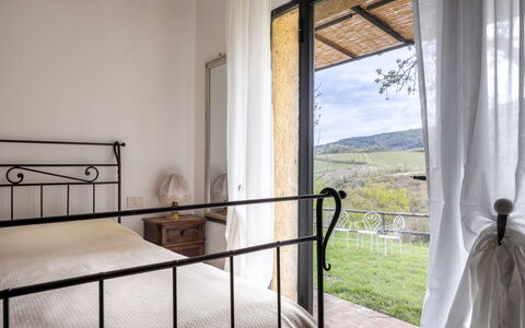 Podere le Lune with Pool, San Gimignano: Bed, Bedroom, Bed Frame, Bedding, Linens, Balcony, Fence