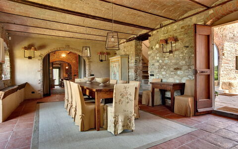 Mattei Villa: Furniture, Wall, Interior Design, Wood, Flooring, Table, Ceiling, Chair, Kitchen & Dining Room Table, Dining Room