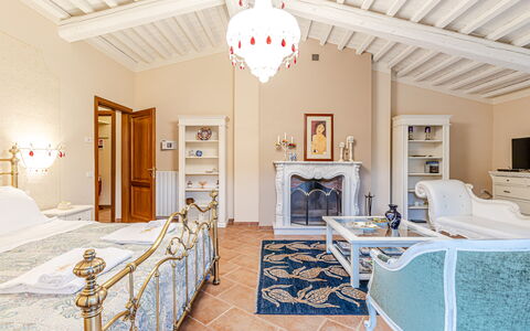 Chateau la Siroque: Furniture, Interior Design, Flooring, Floor, Ceiling, Lighting, Room, Bedroom, Bed, Home