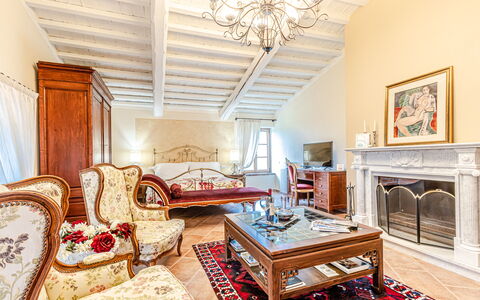 Chateau la Siroque: Furniture, Interior Design, Couch, Flooring, Ceiling, Floor, Room, Living Room, Lighting, Home