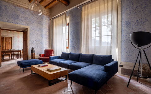 Villa Il Casalino, Florentine Hills with Pool: Furniture, Interior Design, Flooring, Floor, Wood, Couch, Table, Ceiling, Lighting, Living Room