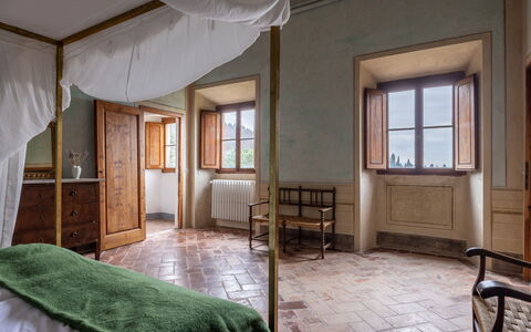 Villa Il Casalino, Florentine Hills with Pool: Furniture, Interior Design, Bedroom, Flooring, Wood, Floor, Bed, Ceiling, Bedding, Bed Sheet