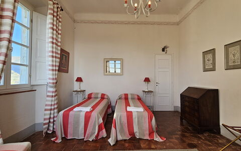 Villa Il Torrazzo, Vista Mare, Massarosa: Furniture, Interior Design, Flooring, Floor, Ceiling, Textile, Room, Bedroom, Bed, Lighting