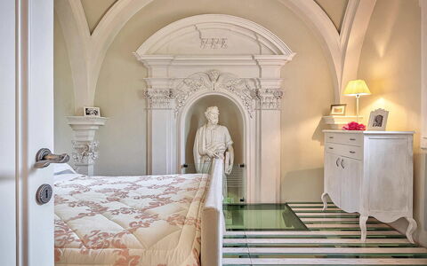 Villa Church: Interior Design, Furniture, Wall, Flooring, Floor, Bedroom, Lighting, Ceiling, Bed, Home