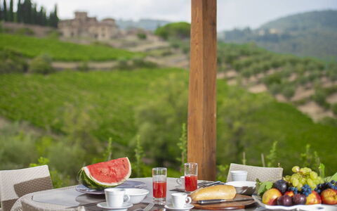 Villa del Fattore: Tableware, Furniture, Table, Food, Hill, Serveware, Drinkware, Chair, Dishware, Mountain Range