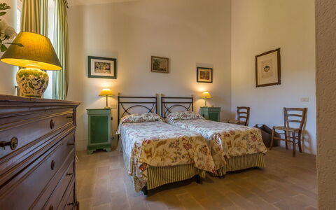 Villa Molinazzo 14: Furniture, Interior Design, Wall, Bedroom, Ceiling, Bed, Room, Flooring, Bed Sheet, Floor