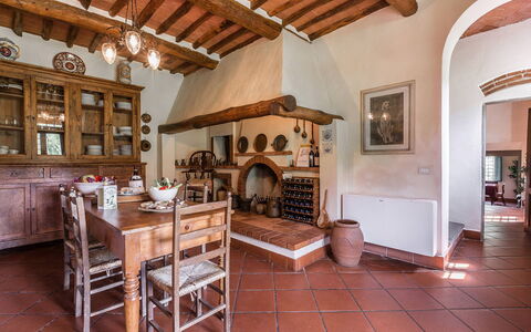 Villa Il Castagno: Furniture, Kitchen, Cabinetry, Shelf, Shelving, Cupboard, Kitchen & Dining Room Table, Countertop, Houseplant, Chair