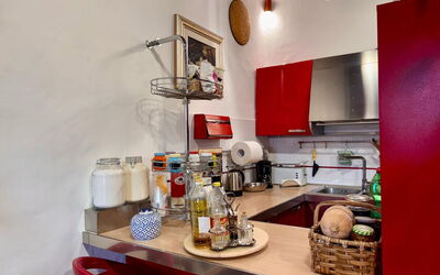 Family: Kitchen Appliance, Red, Kitchen, Interior Design, Furniture, Major Appliance, Small Appliance, Lighting, Shelving, Room