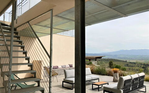 Villa Ombrone: Floor, Composite Material, Outdoor Furniture, Beam, Porch, Shade, Natural Material, Balcony, Concrete, Outdoor Structure