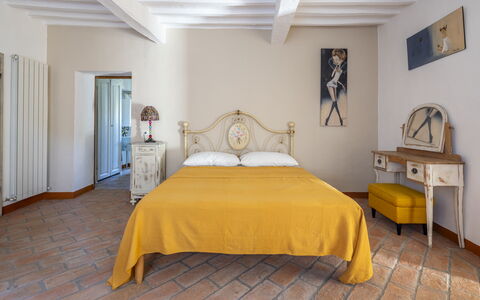House in Sassa, Historic Tuscany Village, View: Furniture, Wall, Bedroom, Flooring, Interior Design, Bed, Wood, Floor, Bed Sheet, Room