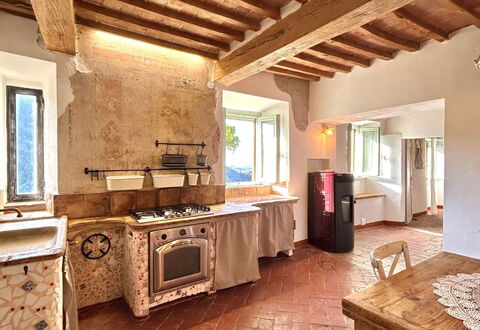 House in Sassa, Historic Tuscany Village, View: Flooring, Interior Design, Wall, Floor, Wood, Furniture, Ceiling, Kitchen, Countertop, Home