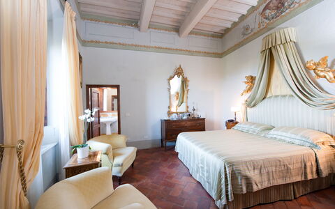 Castello di Cabbiavoli: Bedroom, Furniture, Interior Design, Bed, Bed Frame, Bedding, Bed Sheet, Home, Lamp, Linens