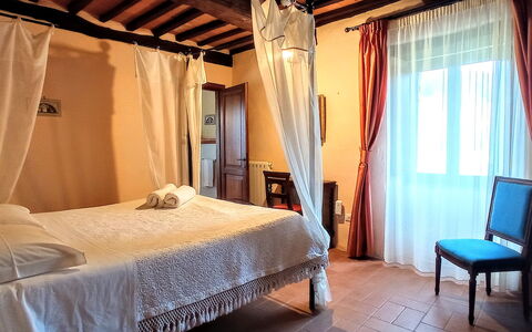 Villa Campo al Vento - Country Farm: Furniture, Interior Design, Wood, Floor, Flooring, Bedroom, Bed, Ceiling, Lighting, Room