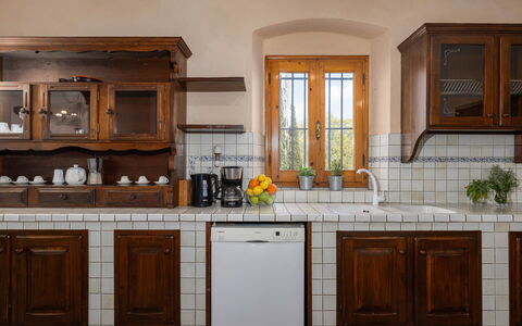 Il Leccio, Vinci, Private Pool and Tennis: Kitchen, Wood, Interior Design, Cabinetry, Countertop, Flooring, Furniture, Cupboard, Home, Wood Stain