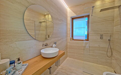 Villa Elena: Flooring, Floor, Interior Design, Wood, Plumbing Fixture, Ceiling, Bathroom, Lighting, Plumbing, Tap