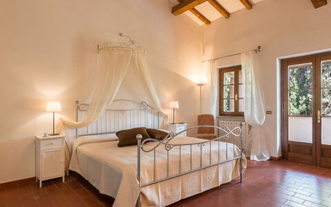 Podere Calcheto 14: Furniture, Interior Design, Flooring, Bed, Floor, Ceiling, Bedroom, Room, Home, Lighting
