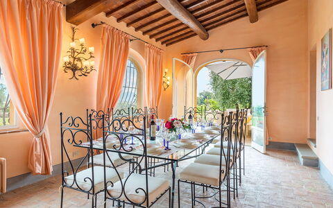 Villa Pucci 12: Furniture, Interior Design, Table, Chair, Architecture, Kitchen & Dining Room Table, Home, Ceiling, Lighting, Dining Room