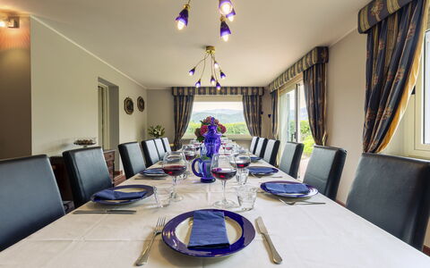 Villa Ninfeo 10+4: Furniture, Interior Design, Table, Ceiling, Chair, Tableware, Lighting, Flooring, Textile, Dining Room