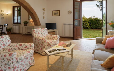 Poggio Vistabella 10: Furniture, Interior Design, Flooring, Table, Chair, Wood, Room, Floor, Living Room, Ceiling