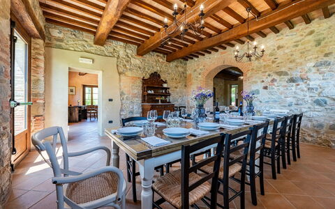 Podere Collelungo 14: Furniture, Wall, Table, Kitchen & Dining Room Table, Dining Room, Chair, Interior Design, Flooring, Restaurant, Coffee Table