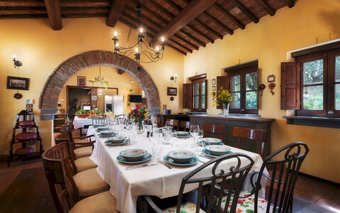 Casale dei Girasoli 14: Furniture, Interior Design, Table, Chair, Dining Room, Ceiling, Kitchen & Dining Room Table, Light Fixture, Lighting, Room