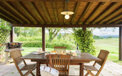 Poggerello 10: Furniture, Table, Outdoor Furniture, Wood, Chair, Kitchen & Dining Room Table, Porch, Outdoor Table, Ceiling, Interior Design