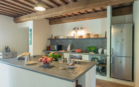 Podere di Salci 10: Kitchen, Furniture, Countertop, Interior Design, Wall, Flooring, Kitchen Appliance, Wood, Cabinetry, Home
