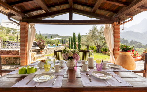 Villa Costanza 6: Furniture, Table, Chair, Kitchen & Dining Room Table, Interior Design, Dining Room, Ceiling, Restaurant, Outdoor Table, Flowerpot