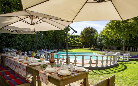 Villa delle Sophore 12: Furniture, Outdoor Furniture, Table, Chair, Umbrella, Outdoor Table, Shade, Swimming Pool, Resort, Garden
