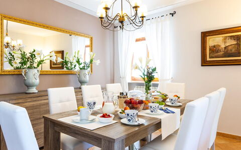 Villa Elena 9+1: Furniture, Interior Design, Table, Room, Dining Room, Flooring, Kitchen & Dining Room Table, Textile, Picture Frame, Lighting