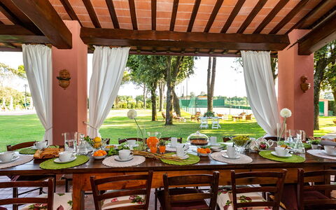 Villa Elisa 16: Furniture, Table, Chair, Garden, Outdoor Furniture, Lawn, Shade, Resort, Kitchen & Dining Room Table, Yard