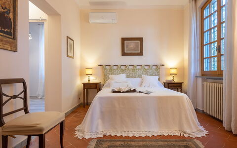 Villa Fiorentini 10: Furniture, Interior Design, Flooring, Wood, Floor, Ceiling, Room, Bedroom, Bed, Lighting