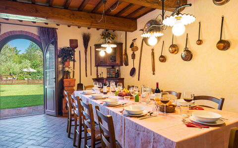 Villa Gino 8+2: Furniture, Table, Wood, Interior Design, Chair, Ceiling, Kitchen & Dining Room Table, Dining Room, Lighting, Light Fixture