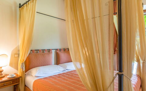 Villa le Chiarne 22: Furniture, Interior Design, Bedroom, Bed, Wood, Textile, Lighting, Room, Floor, Bedding