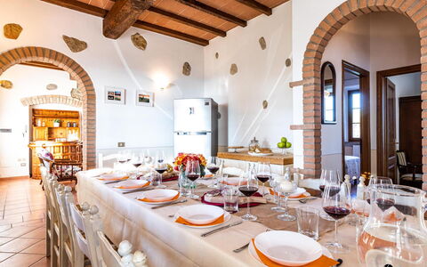 Il Poggiarellino 14: Interior Design, Furniture, Ceiling, Table, Chair, Kitchen & Dining Room Table, Dining Room, Room, Tablecloth, Light Fixture