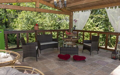 Villa Ombrosa 8: Furniture, Wood, Table, Chair, Outdoor Furniture, Porch, Outdoor Table, Gazebo, Outdoor Structure, Shade