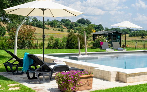 Cottage Violapo 6+2: Swimming Pool, Umbrella, Outdoor Furniture, Furniture, Leisure, Resort, Garden, Chair, Shade, Sunlounger