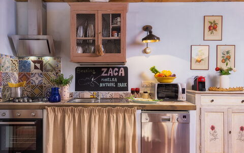 Villa Zaca 6: Kitchen, Furniture, Interior Design, Kitchen Appliance, Major Appliance, Countertop, Cabinetry, Flooring, Room, Lighting