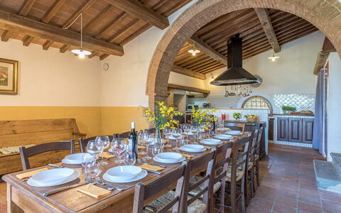 Podere Pratovecchio 14+2: Furniture, Flooring, Table, Kitchen & Dining Room Table, Chair, Dining Room, Farmhouse, Villa, Houseplant, Countertop