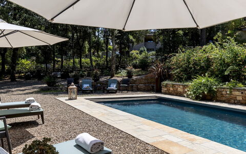 Villa Rinaldi 6: Umbrella, Outdoor Furniture, Swimming Pool, Furniture, Sunlounger, Flowerpot, Chair, Flagstone, Shade, Resort