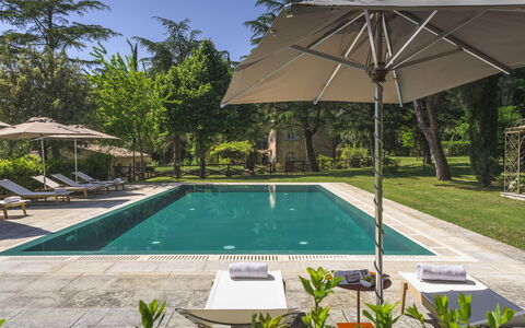 Villa Metelliano 10: Swimming Pool, Tree, Outdoor Furniture, Resort, Umbrella, Furniture, Shade, Garden, Estate, Landscaping