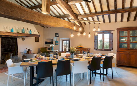 Terra di Siena 14: Furniture, Interior Design, Chair, Table, Flooring, Dining Room, Kitchen & Dining Room Table, Wood, Ceiling, Light Fixture