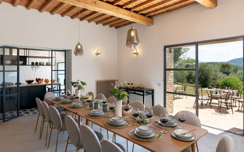 Villa Il Pozzo 14: Furniture, Table, Kitchen & Dining Room Table, Chair, Interior Design, Tableware, Dining Room, Room, Houseplant, Coffee Table