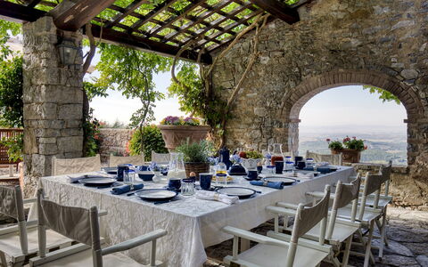 Scandelaia 12: Furniture, Table, Chair, Restaurant, Tablecloth, Kitchen & Dining Room Table, Outdoor Table, Patio, Dining Room, Houseplant