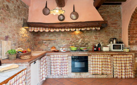 Villa Montefalconi 11: Kitchen, Interior Design, Furniture, Countertop, Flooring, Room, Kitchen Appliance, Cabinetry, Brick, Food