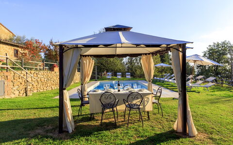 Villa le Tornaie 14: Canopy, Furniture, Gazebo, Outdoor Furniture, Shade, Tent, Outdoor Structure, Chair, Umbrella, Garden