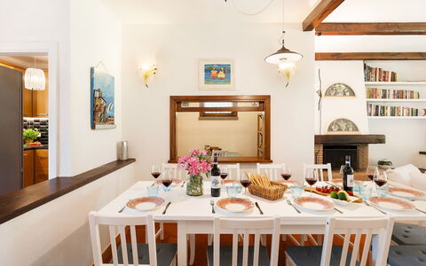 Villa Castiglione 9: Furniture, Interior Design, Ceiling, Flooring, Table, Light Fixture, Lighting, Kitchen & Dining Room Table, Room, Dining Room