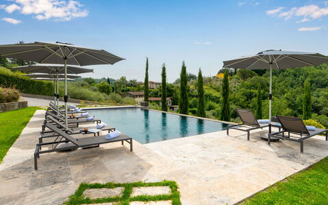 Villa Krisztina 10: Outdoor Furniture, Swimming Pool, Furniture, Chair, Umbrella, Sunlounger, Resort, Shade, Leisure, Garden